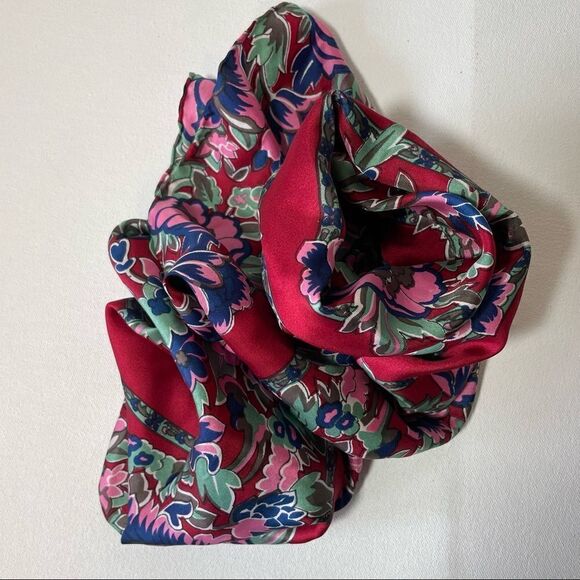 Silk scarf peonies in bloom rich reds greens and blues - Picture 4 of 10